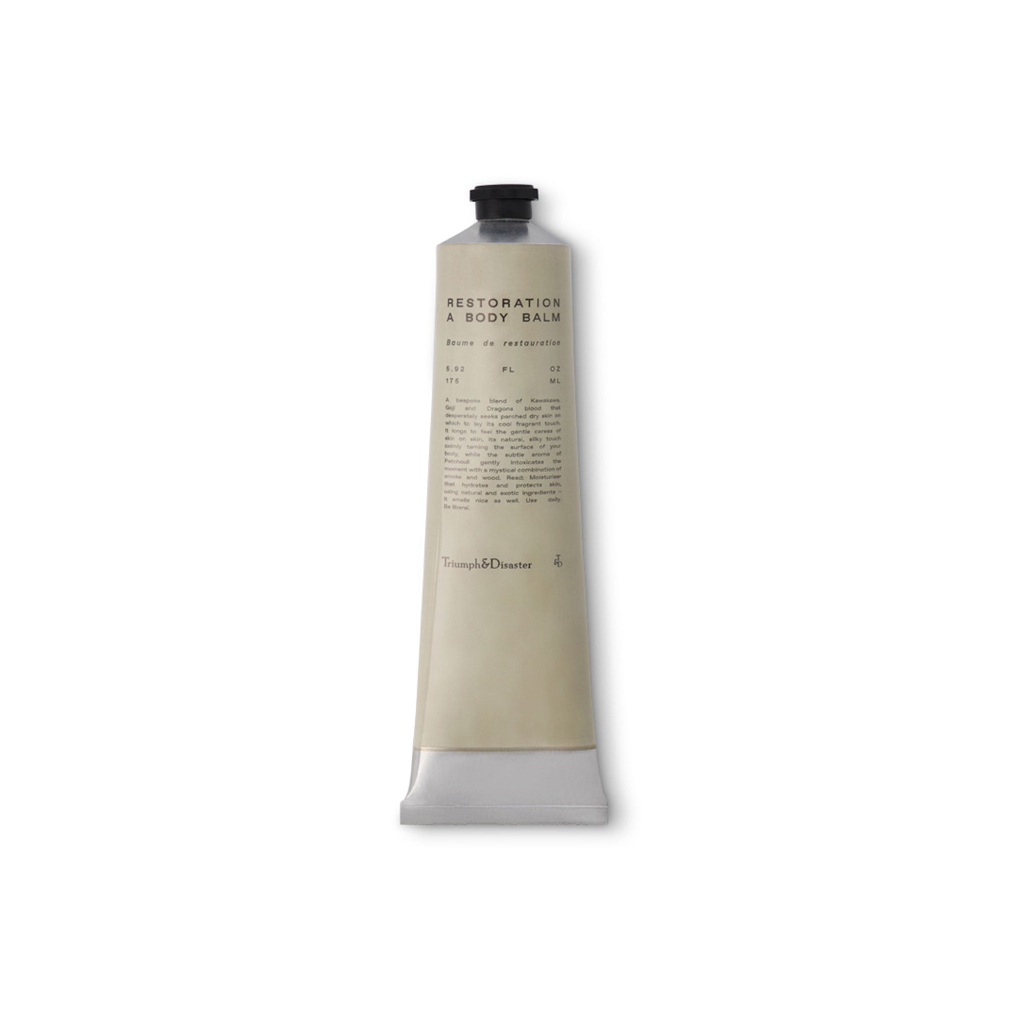 body balm cream tube labeled 'Restoration' on a white background
